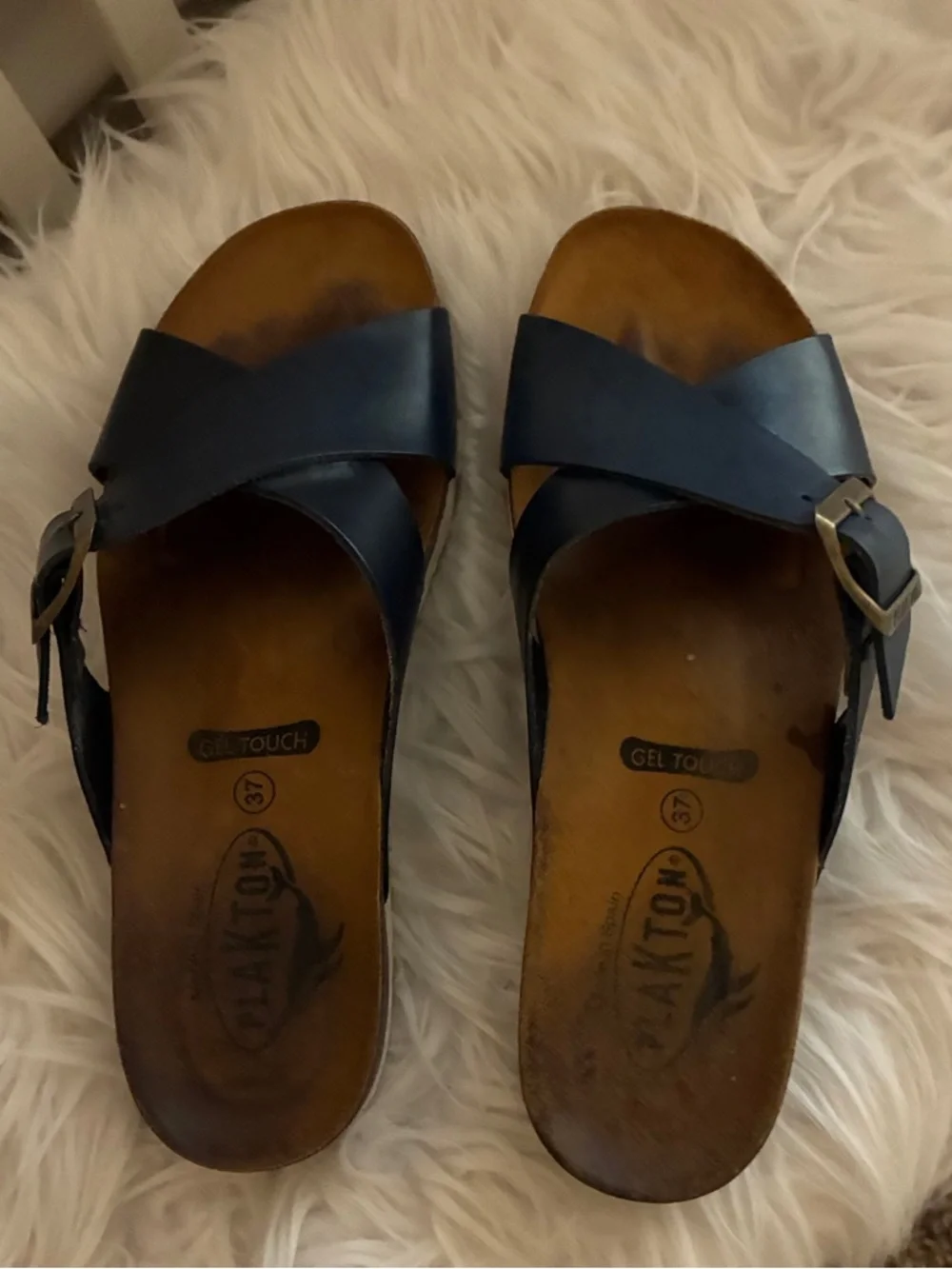 Plakton Baker Navy Gel Touch Slide Sandals Cross-Strap Sandals with Buckle Sz 37